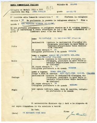 Modulo da compilare per l'accertamento della religione ebraica, 11 novembre 1938